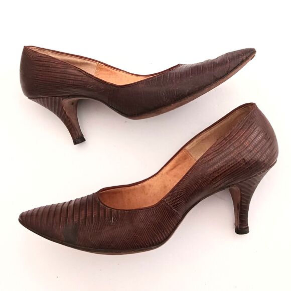 VTG 50s Natural Bridge Genuine Lizard Brown Leather Pump Sz 8.5 Narrow - Picture 4 of 11